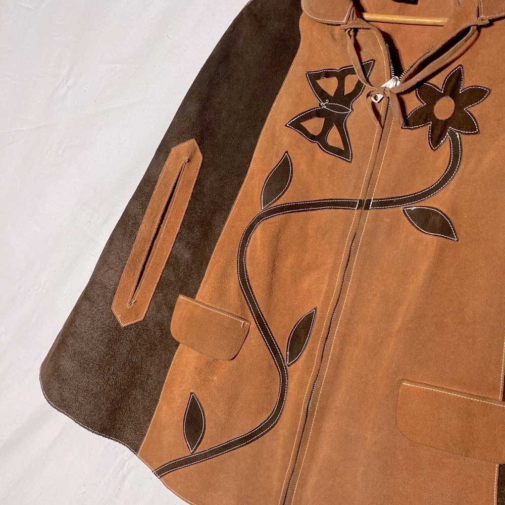 Vintage Two Tone Tan Brown Suede Leather Cape M Boho Western - Picture 7 of 16